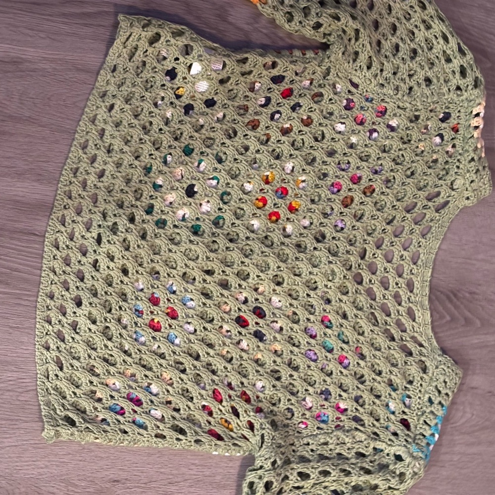 Olive Green Crocheted Patchwork Button-Front Card… - image 7